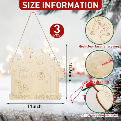 Paintable Christmas Ornaments 3 Sets, Wooden Ornaments to Paint, Unfinished Christmas Tree Wreaths Wood Crafts for Painting, Wood Cutouts DIY Xmas Ornament for Front Door Decor (House