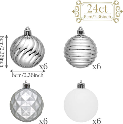 Valery Madelyn Christmas Ornaments Tree Decorations Set for Fall Halloween, 24ct Silver White Shatterproof Ball Ornaments, 2.36" Hanging Ornament Bulk for Xmas Holiday Party Decor