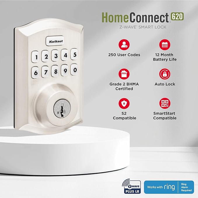 Kwikset HomeConnect 620 Z-Wave Long Range Enabled Keypad Smart Lock Convenient Keyless Entry, Customizable User Codes, Ring Alarm Compatible, Hub Required, Sold Separately Satin Nickel Traditional