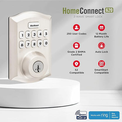 Kwikset HomeConnect 620 Z-Wave Long Range Enabled Keypad Smart Lock Convenient Keyless Entry, Customizable User Codes, Ring Alarm Compatible, Hub Required, Sold Separately Satin Nickel Traditional