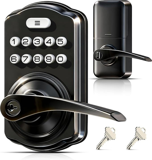 Veise Keypad Door Lock with Handle, Keyless Entry for Front Door & Bedroom, Electronic Lock with Code, Auto-Locking, Easy Installation, Passage Mode, Matte Black