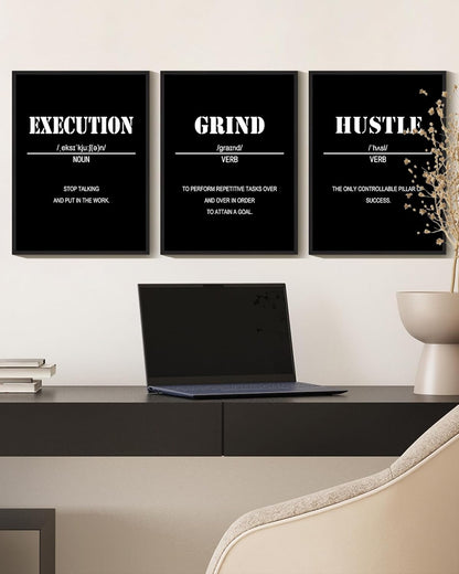 Drsoum Inspirational Office Framed Wall Art Motivational Grind Hustle Success Canvas Wall Decor Encouraging Quotes Sayings Paintings 3 Pieces Artwork Home Bedroom Easy to Hang 11x14in (Black Framed)