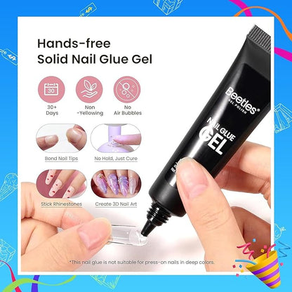 Beetles Gel Nail Kit Short Almond Gift Spree, with Dehydrator and Primer, 576Pcs Half Matte Etch-X Gel Nail Tips Solid Nail Glue Mini Lamp Acrylic Tips Easy DIY Extension Set Gift for Women