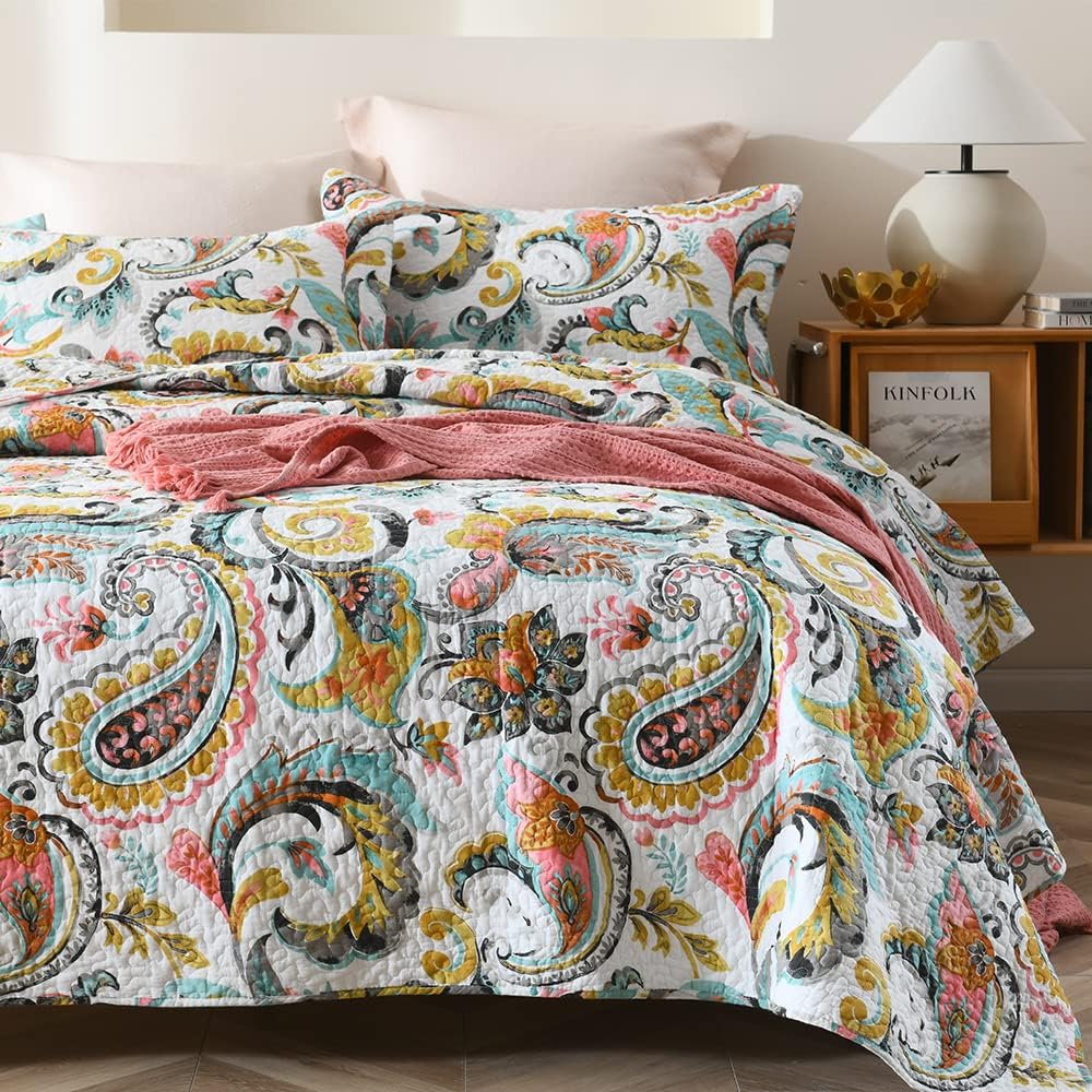 Autumn Dream Cotton Bedspread Quilt Sets, 3 Pieces Reversible Comforter Coverlet Sets,White Floral Paisley,Queen Size