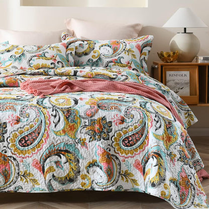 Autumn Dream Cotton Bedspread Quilt Sets, 3 Pieces Reversible Comforter Coverlet Sets,White Floral Paisley,Queen Size