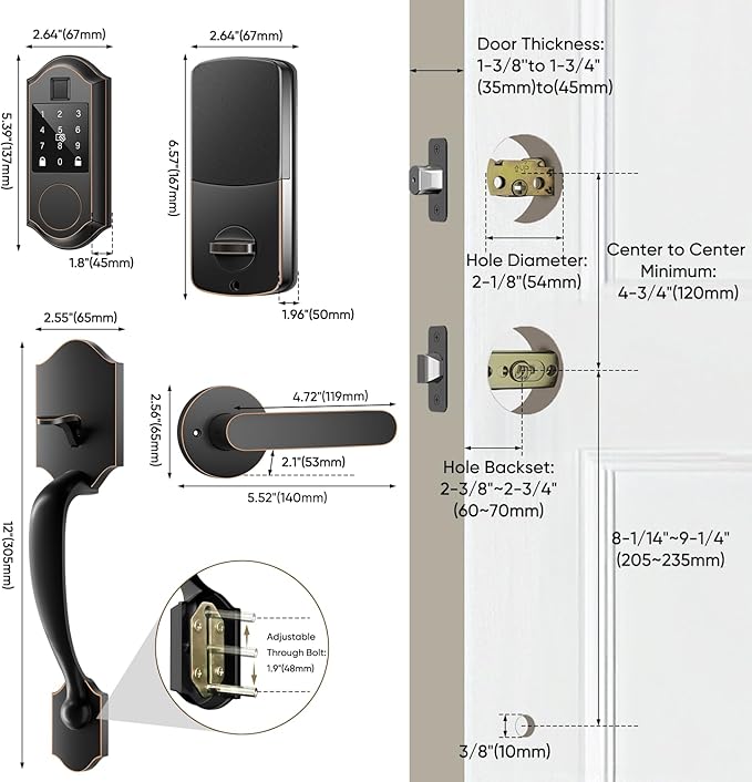 Fingerprint Smart Front Door Lock Set, Keyless Entry Door Lock with Handle, Smart Door Locks, Front Door Handle with Keypad and Deadbolt, APP Control, Touchscreen, Oil Rubbed Bronze