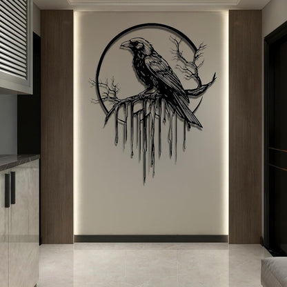 Crow Metal Wall Decor, Raven Wall Art, Large Gothic Raven Decor Hangings, Bird Wall Decor, Metal Tree Branch Decor, Ravens Sign, Raven Art for Living Room (Silver, 19"x15" | 47x38cm, metal wall art)