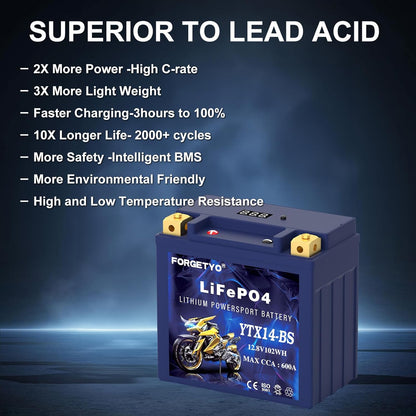 YTX14-BS Lithium Motorcycle Battery, ATV Battery 12V 8AH 600CCA Compatible with Yamaha Scooter Snowmobile Jet Ski, Scooter, PWC & More