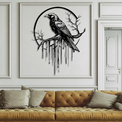 Crow Metal Wall Decor, Raven Wall Art, Large Gothic Raven Decor Hangings, Bird Wall Decor, Metal Tree Branch Decor, Ravens Sign, Raven Art for Living Room (White, 19"x15" | 47x38cm, metal wall art)