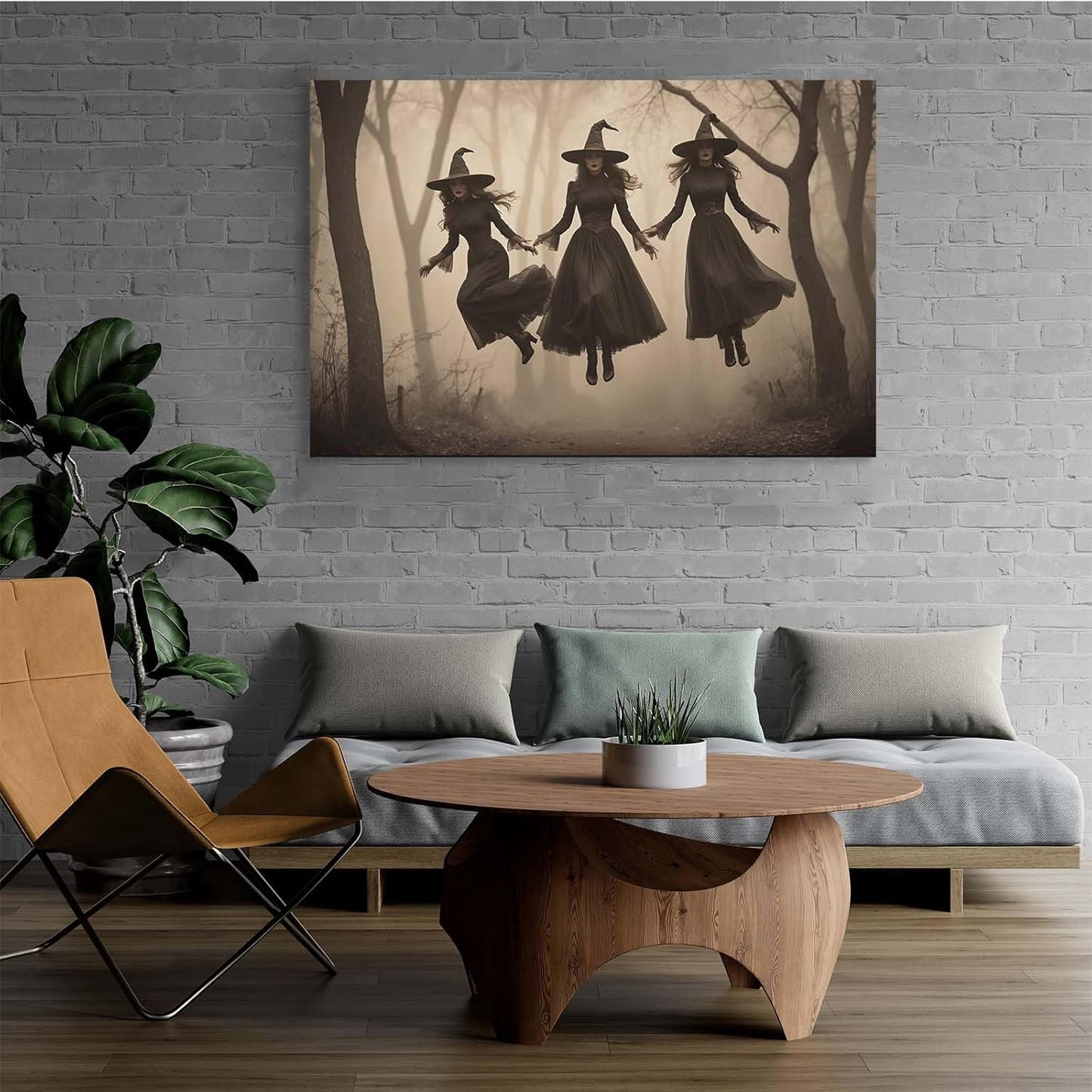 JFHCQJPK Three ghost witches flying in vintage forest gothic wall art witchcraft decoration holiday gift canvas wall art print12x16in Frameless