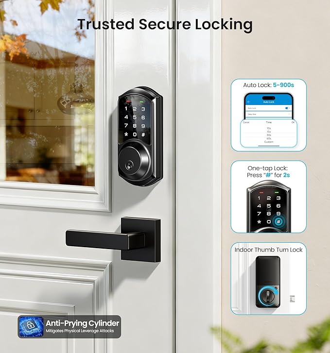 Veise VE06-L Smart Locks with 2 Lever Handle Set, App Control, Keyless Entry Deadbolt for Front Door, Electronic Digital Touchscreen Keypad, Auto Lock, Waterproof, Easy Installation, Matte Black