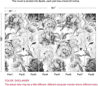 Gray Peonies Wallpaper Watercolor Floral Mural Wallpaper for Nursery(Not Peel n' Stick)