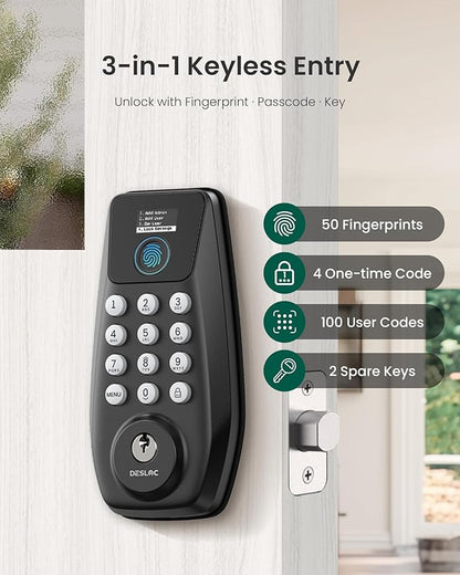 DESLOC C110 Keyless Entry Door Lock with Fingerprint - Smart Deadbolt Lock for Front Door with 2 Keys - Auto Lock - Easy Installation, 100 PIN Codes, IP54 Waterproof, BHMA Grade 3, Black