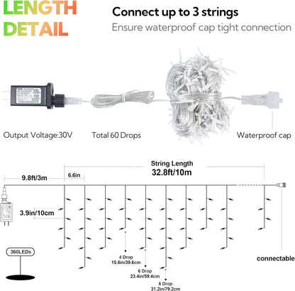 Hopolon 33FT 360L LED Christmas Icicle Lights Outdoor Waterproof,8 Modes Plug in Curtain String Lights with 60 Drops,Christmas Lights for Wedding,Party,Bedroom,Garden,Home,Wall Decorations(Red Green)