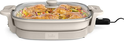 bella Make & Take XL Electric Skillet, Fits-anywhere™ kitchenware, EverGood™ Ceramic Coating, Adjustable Temperature & Dishwasher-Safe Tempered Glass Lid, Cast Aluminum Base, 1200 Watt, Oatmilk