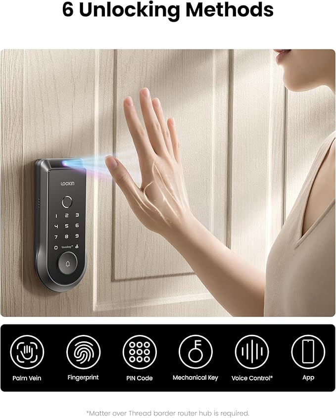 Lockin Veno Palm Vein Smart Lock with Built-in Wi-Fi, 7-Month Battery, Matter Compatible, Palm Vein & Fingerprint Unlock, Keyless Entry, App Control, Auto-Lock, PIN Code, ANSI Grade 2, IP65 Waterproof