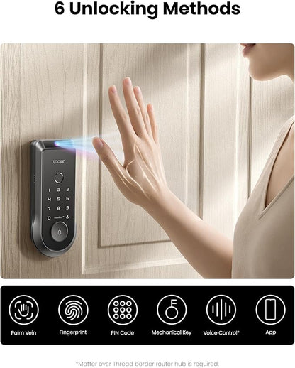 Lockin Veno Palm Vein Smart Lock with Built-in Wi-Fi, 7-Month Battery, Matter Compatible, Palm Vein & Fingerprint Unlock, Keyless Entry, App Control, Auto-Lock, PIN Code, ANSI Grade 2, IP65 Waterproof