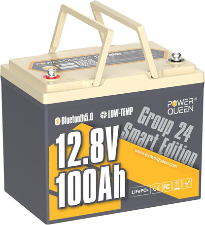 Power Queen Bluetooth 12V 100Ah LiFePO4 Battery, Group 24 Deep Cycle Battery Max. Output Power 1280W, 100A BMS with Low-Temp Cut-off Protection for RV, Trolling Motors, Solar System