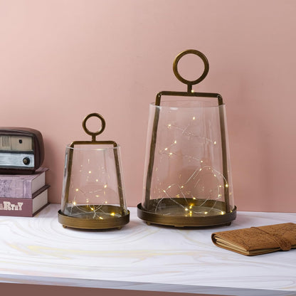 6" Wide Modern Farmhouse Metal Hurricane Candle Holder with Handmade Sturdy Glass Sleeve in Antique Brass for Pillar Candle & Plants, Hurricane Lantern, Industrial, Minimalistic (1, Brass, 6"x10")