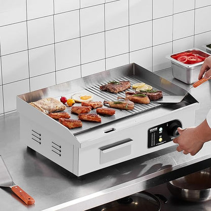 VEVOR Commercial Electric Griddle, 1600W Countertop Half-Flat Top Grill, 22in Stainless Steel Griddle Grill with 2 Shovels and 2 Brushes for Home or Restaurant, 122℉-572℉ Adjustable Temp