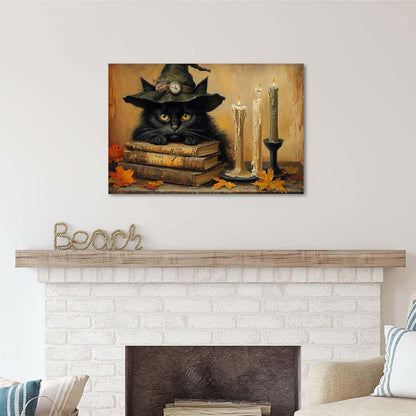JFHCQJPK Vintage Halloween wall decoration black cat and magic book suitable for home bedroom living room decoration dark classic art witch wall decoration12x16in Frameless