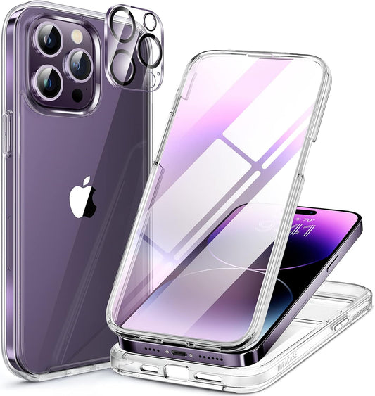 Miracase Glass Series Designed for iPhone 14 Pro Max Case 6.7 Inch, Upgrade Full-Body Bumper Case with Built-in 9H Tempered Glass Screen Protector with Camera Lens Protector, Clear