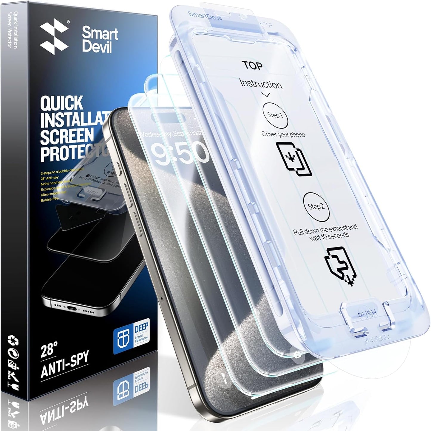 SMARTDEVIL 2 Pack Screen Protector for iPhone 15 Pro Tempered Glass, HD Clear Film, Easy Installation, Dust-Free & Bubble-Free