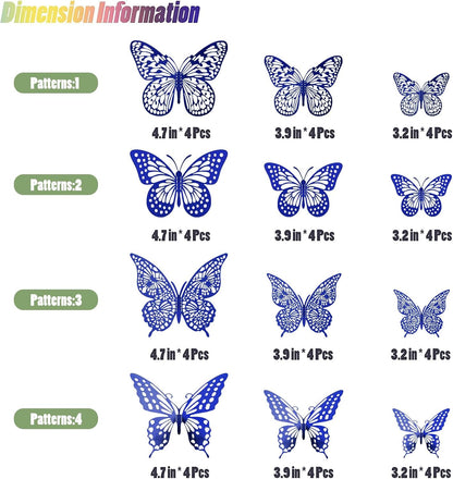SAOROPEB Butterfly Wall Stickers, 48 Pcs 4 Styles 3 Sizes, Metallic Paper, Removable, Navy Blue, Art Deco Decor for Wall