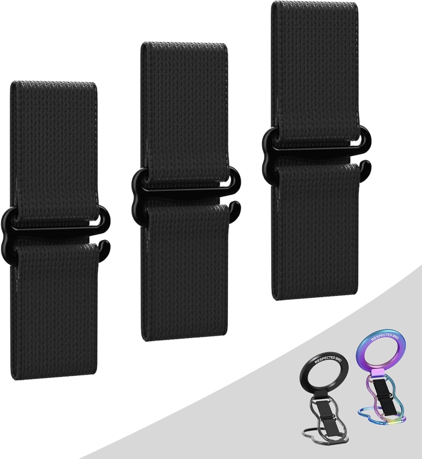RESPECTED-BRO-Magnetic-Phone-Grip-Stand-with-Finger-Strap, 4-in-1 Magnetic Ring Holder, Kickstand and Elastic Strap for Smartphones, Universal Fit for iPhone, Android, and Cases (Black Elastic Strap)