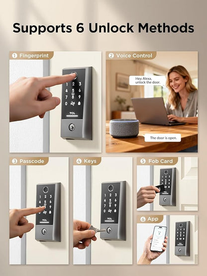 TCL Smart Lock D2 Plus, Fingerprint Door Lock with Keyless Entry Security Electronic Deadbolt for Front Door, Built-in Doorbell, Compatible with Alexa, Auto Lock, Easy Install