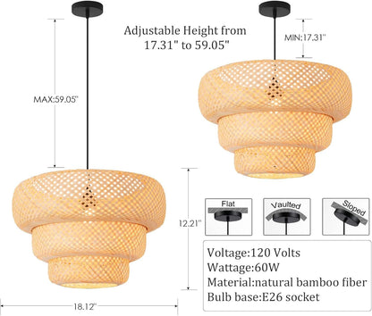 Bamboo Pendant Light,18.5" Boho Rattan Hanging Light 3-Tier Hand Woven Wicker Chandelier for Kitchen Island for Kitchen Island Dining Bedroom Living Room Restaurants