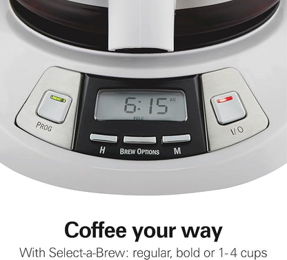 Hamilton Beach 12 Cup Programmable Drip Coffee Maker Machine, Regular & Bold Brew Options, Auto Pause and Pour, Glass Carafe, White (46294J)