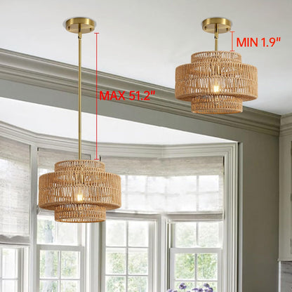 12.4” Boho Rattan Chandelier Light Fixture, 1-Light Hand Woven Pendant Light Fixture Farmhouse Rustic Hanging Lamp for Kitchen Island Bedroom, Dining Room, Living Room, Entryway, Foyer