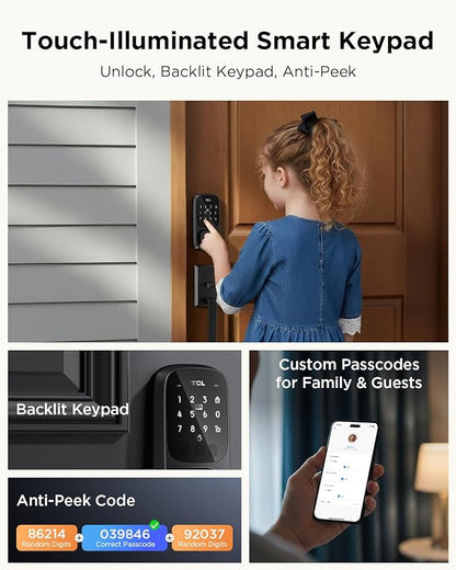 TCL Smart Lock D1 Pro, Palm Vein Recognition Door Lock with App Control, Keyless Entry Door Lock for Front Door, Wi-Fi Keypad Deadbolt, Compatible with Alexa & Google Assistant, Rechargeable Battery