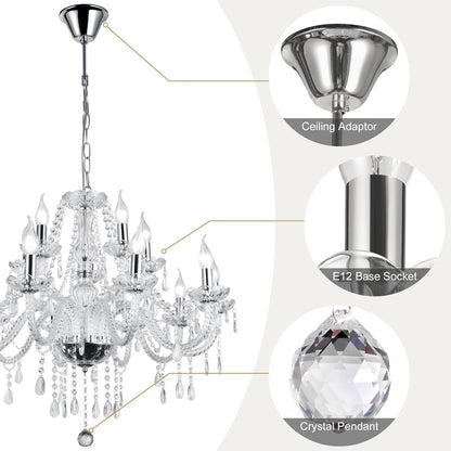Modern Elegant 10 Lights K9 Crystal Glass Chandelier Silver Pendant Ceiling Lighting European Style for Dining Living Room Bedroom Transparent, 10 E12 Bulbs Required