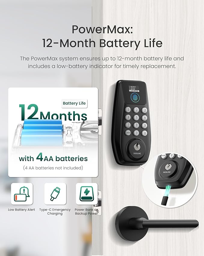 DESLOC C110 Fingerprint Keyless Entry Door Locks, Front Door Smart Lock Deadbolt with 2 Lever Handles, Auto-Lock, Backlit Keypad, 12 Months Battery, IP54 Waterproof, BHMA Grade 3 (Black)