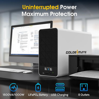 1500VA/1000W Lithium UPS Battery Backup and Surge Protector, Backup Battery Power Supply with LiFePO4 Batteries(296Wh), AVR, Line Interactive Sinewave UPS System, 8 Outlets, LCD Display