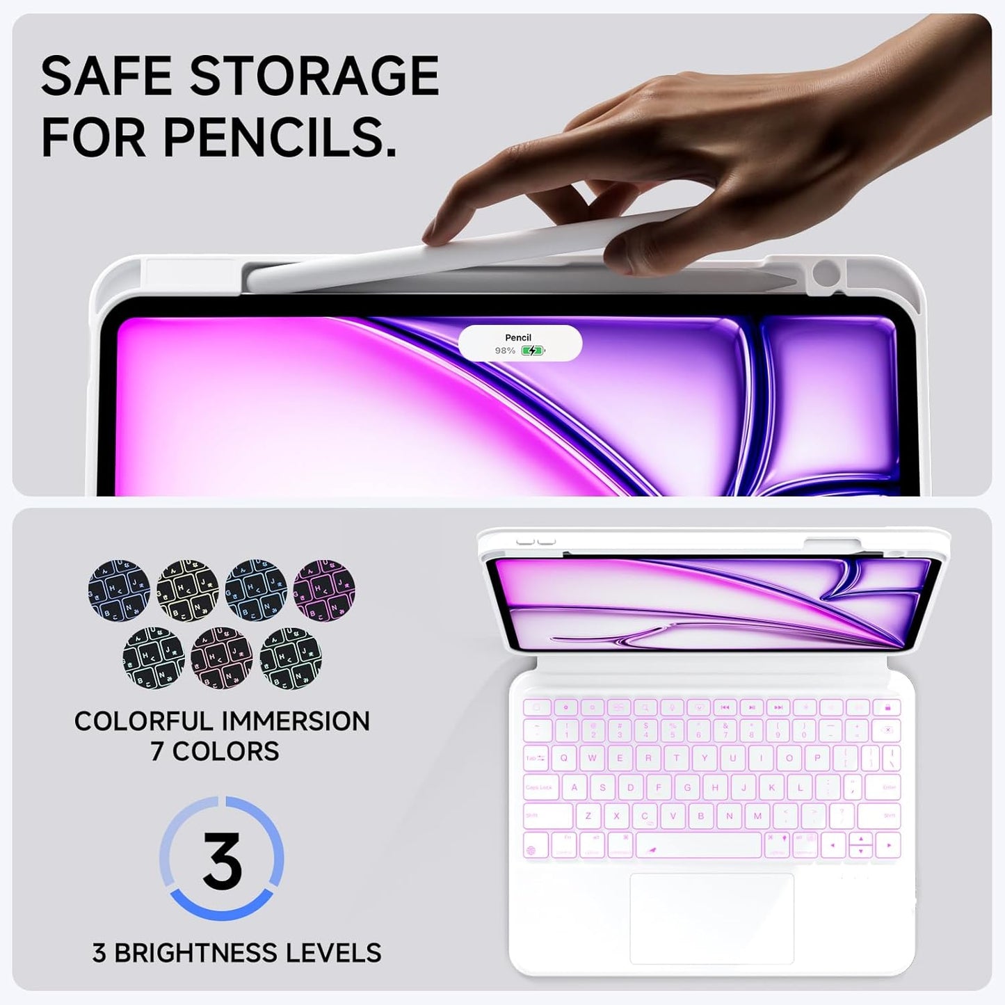 ONLY fit for iPad 12.9 inch Pro 6/5/4/3rd Gen & 13 inch iPad Air (2025 M3, 2024 M2) Case with Detachable Keyboard Trackpad, 360 Rotate Cover Pencil Holder 12 Shortcut Key 7 Color Backlit, White