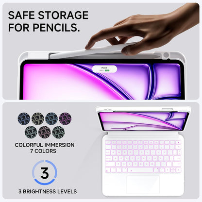 ONLY fit for iPad 12.9 inch Pro 6/5/4/3rd Gen & 13 inch iPad Air (2025 M3, 2024 M2) Case with Detachable Keyboard Trackpad, 360 Rotate Cover Pencil Holder 12 Shortcut Key 7 Color Backlit, White