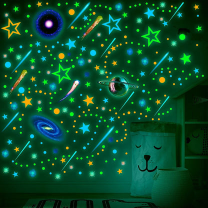 Spakon 495 Pcs Glow in The Dark Moons and Stars Wall Decals for Ceiling,Glowing Planets Wall Stickers Removable Galaxy Solar System Space Decal Nursery Stickers for Kids Bedroom Living Room Decor