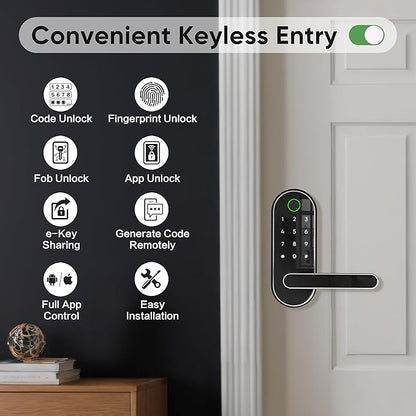 Keyless Entry Fingerprint Digital Smart Lock with Handle & Keypad: Electronic/Electric Lock with Code, App Control Biometric Deadbolt Door Knob for Front, Interior, Exterior & Bedroom Door (Silver)