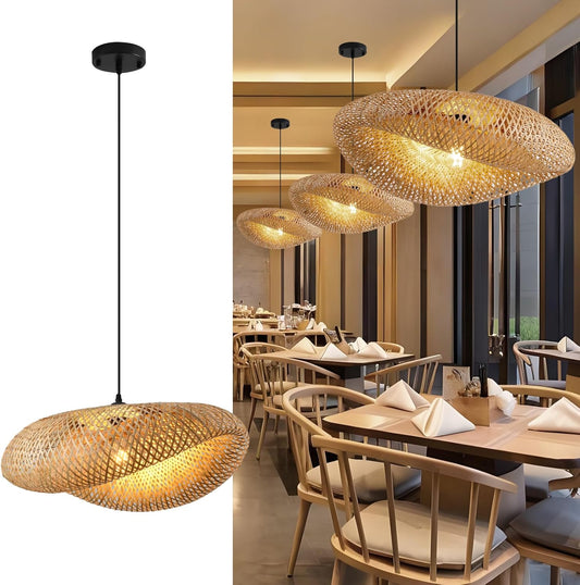 Hand Woven Bamboo Pendant Light,23.62 in Bamboo Rattan Ceiling Hanging Light Hand Woven Wicker Chandelier for Living Room Kitchen Dining Room Farmhouse