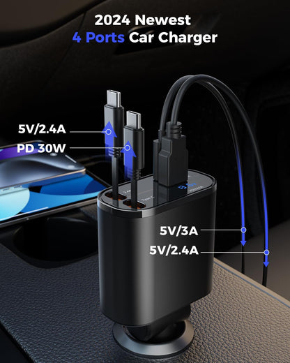 SUPERONE Retractable Car Charger for iPhone with Dual Type C Cables, 4 in 1 USB C Car Charger Adapter with PD 60W Fast Charging Compatible with iPhone 16 15 14 13 12 11 Pro/XS/XR/SE/iPad/Airpods