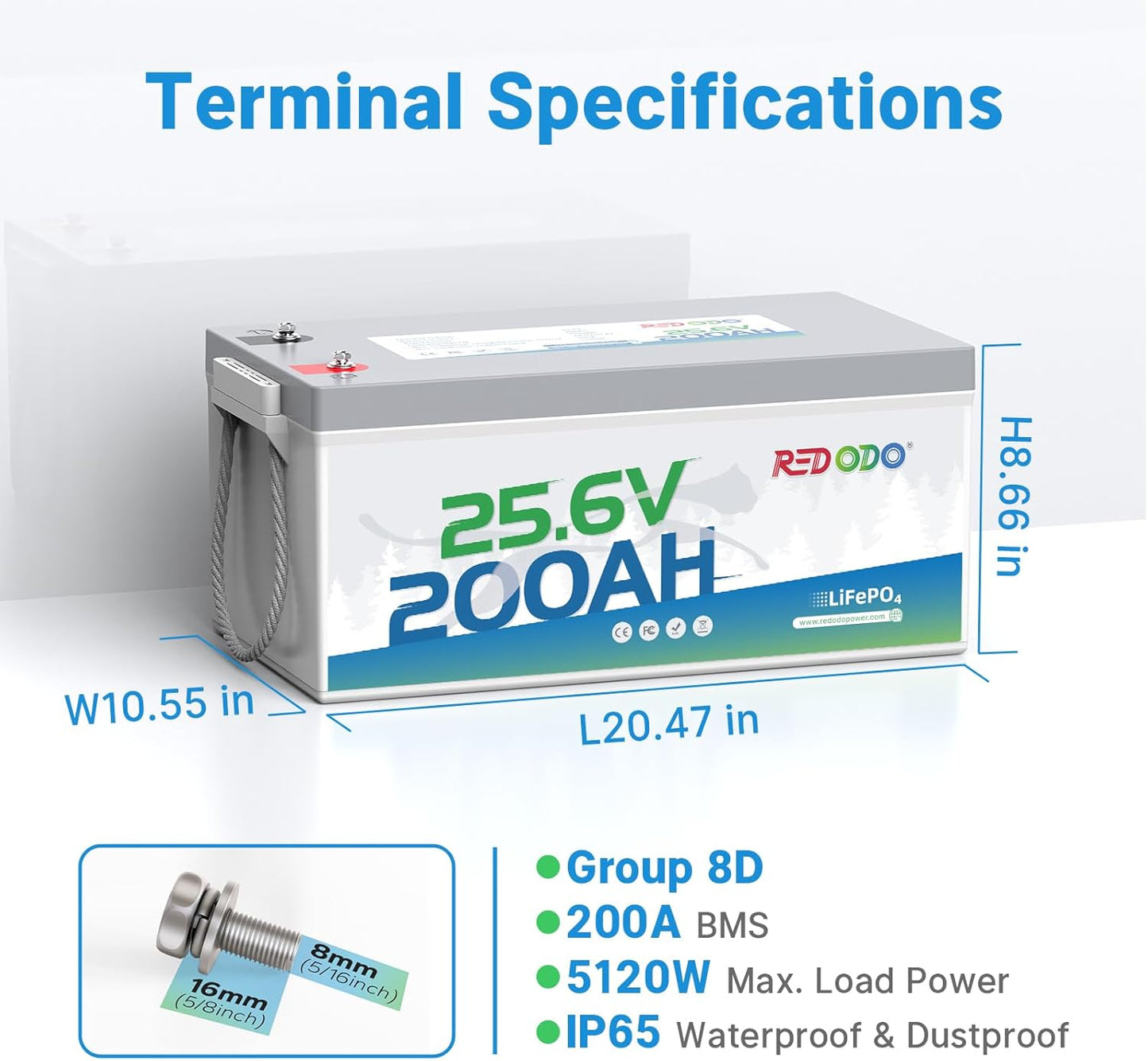 Redodo 24V 200Ah LiFePO4 Lithium Battery, Built in 200A BMS, Max. 5120Wh Energy, Up to 15000 Deep Cycle Lithium Battery, Perfect for Solar Home System, RV, Off Grid, Marine