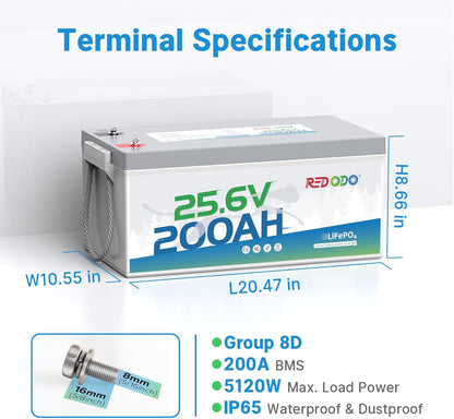 Redodo 24V 200Ah LiFePO4 Lithium Battery, Built in 200A BMS, Max. 5120Wh Energy, Up to 15000 Deep Cycle Lithium Battery, Perfect for Solar Home System, RV, Off Grid, Marine