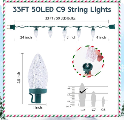 Brightown C9 LED Christmas String Lights, 33ft 50 LED Waterproof Strawberry String Lights, Plug-in Extendable Green Wire Lights String for Outdoor Indoor Patio Party Decoration (White)