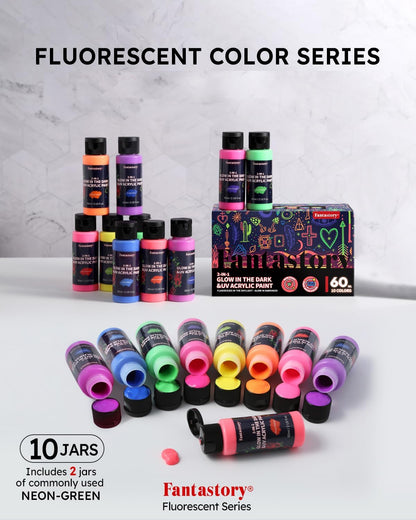 Fantastory Fluorescent Glow in the Dark Paint,60ml /2oz,Neon Colors Glow Acrylic Paints; Waterproof Blacklight Paint for Outdoor Rock,Wood,DIY Craft,Canva,Pumpkin,Halloween,Holiday Decor