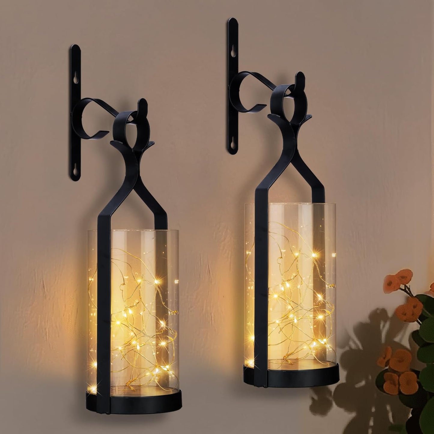Metal Wall Sconce 35 Led Lantern Set of 2 - Black Wall Mounted Hanging Holder with Glass & Candles Vintage Wall Decor for Porch, Living Room, Dining Room, Bedroom Indoor Decor