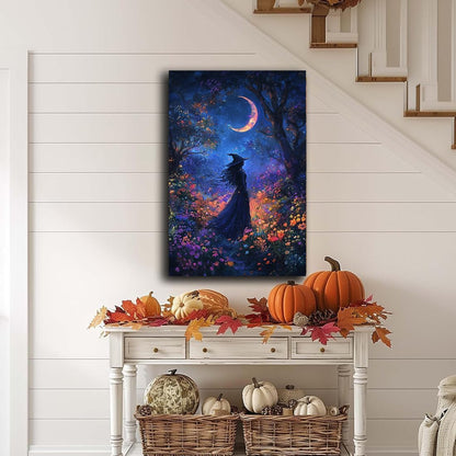 Vintage Halloween Witch Decor Mystic Gothic Wall Art Poster,Enchanting Witch Fall Whimsical Wildflowers Woodland Forest Crescent Moon Picture Art,Creepy Witchy Home Decor,8"x12" Framed