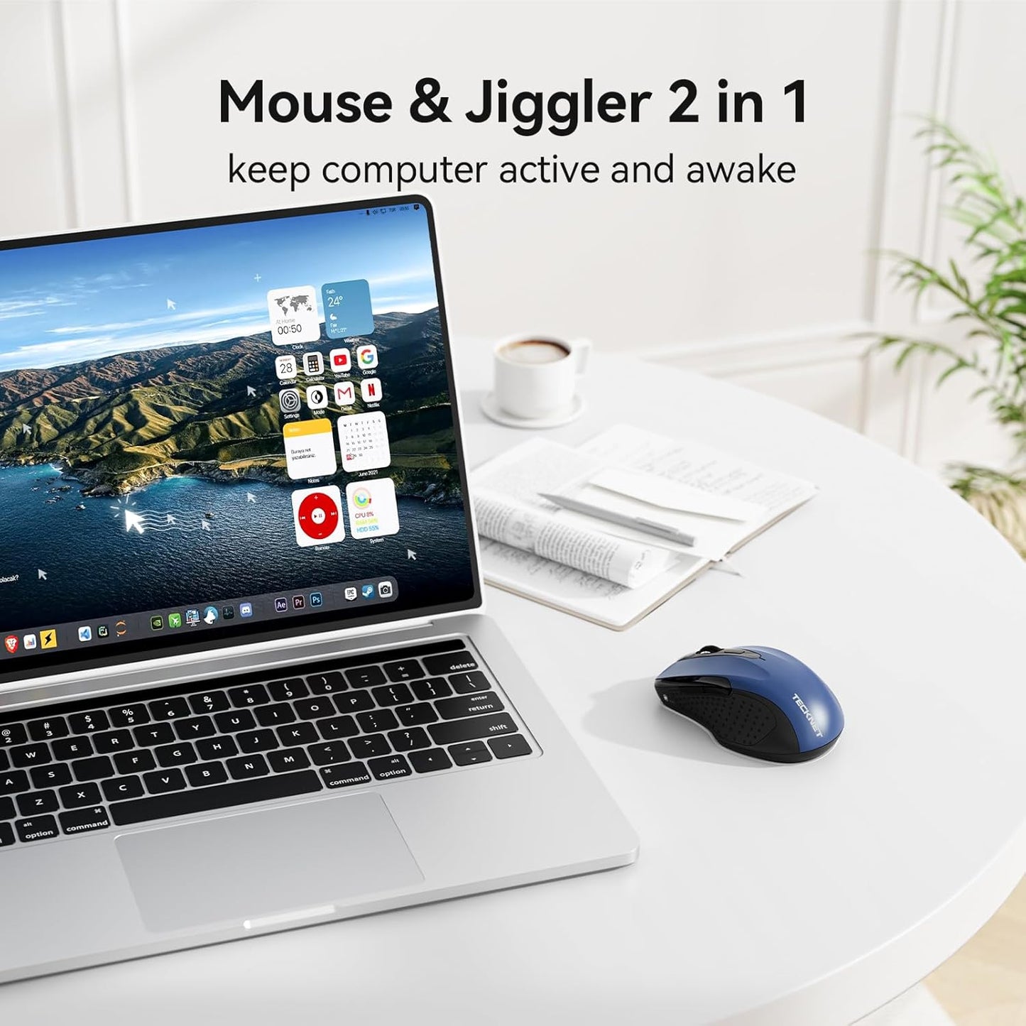 TECKNET Rechargeable Jiggler Wireless Mouse (BT5.0/3.0 & 2.4G) 4800 DPI Silent USB A & Bluetooth Mouse 6 Buttons, Wide Compatibility - Blue
